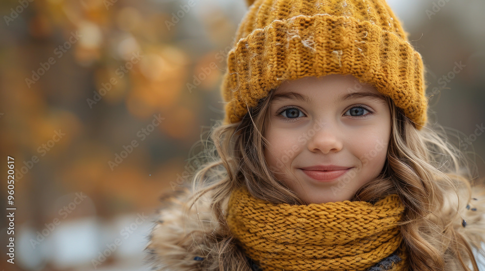 A joyful girl in a cozy yellow hat and scarf smiles amidst vibrant autumn leaves on a chilly day. Generative AI A joyful girl in a cozy yellow hat and scarf smiles amidst vibrant autumn leaves on a chilly day. Generative AI
