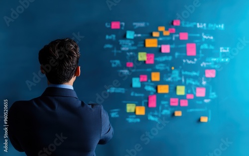 A focused individual brainstorming ideas with colorful sticky notes on a blue wall, showcasing creativity and organization.