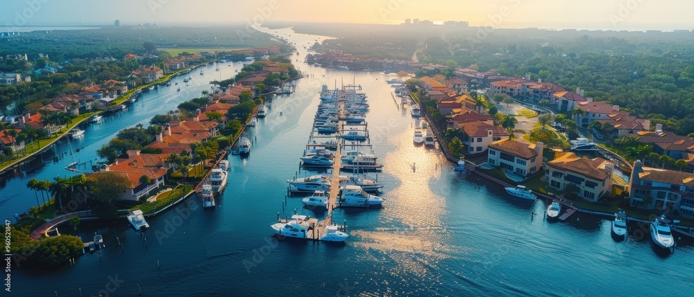 Naklejka premium Majestic Aerial Panorama of Luxurious Marina with Moored Boats and Waterfront Estates in