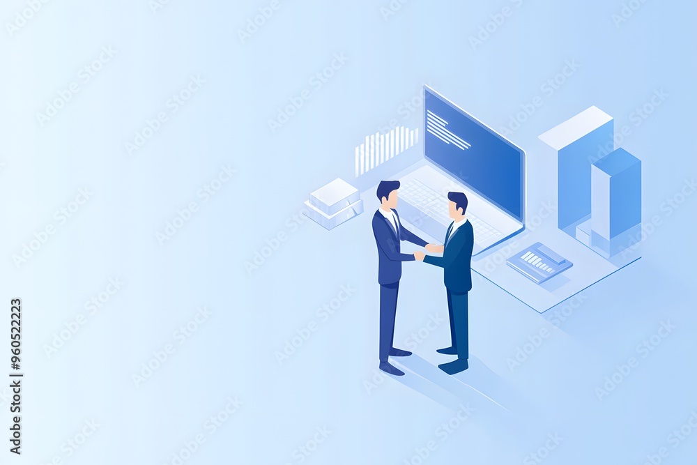 Fototapeta premium Two Businessmen Shaking Hands in Front of a Laptop and Data Visualization