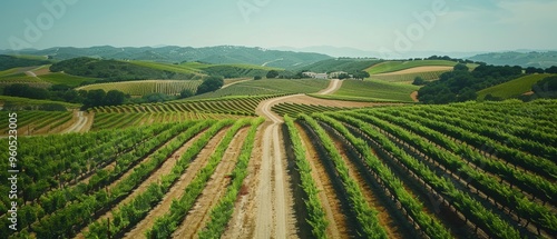 Majestic Aerial View of Vibrant Vineyard with Grapevines, Serene Estate, and Scenic Winding Road 