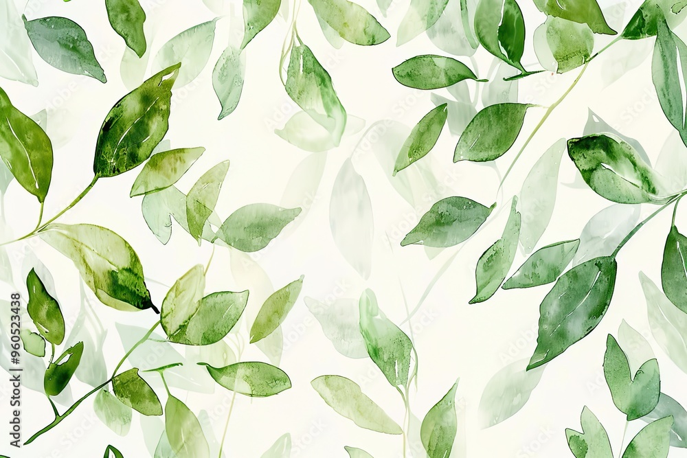 Watercolor Green Leaves on White Background Watercolor Green Leaves on White Background
