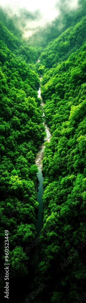 Obraz premium A serene valley surrounded by lush greenery and a flowing stream, showcasing the beauty of nature and tranquility.