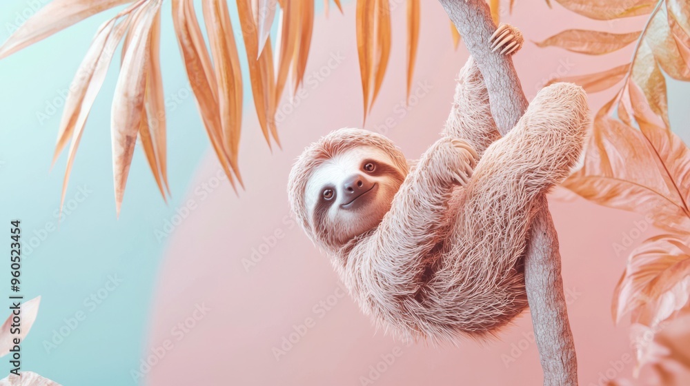 Sleepy Sloth Hanging Peacefully on a Tropical Tree Branch Sleepy Sloth Hanging Peacefully on a Tropical Tree Branch