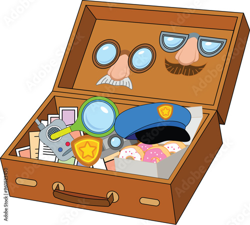 Suitcase is open revealing dress up toys including a police hat, magnifying glass, toy walkie talkie, and a box of donuts