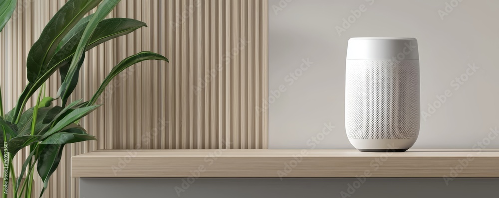 A futuristic AI assistant device on a sleek shelf in a modern living room A futuristic AI assistant device on a sleek shelf in a modern living room
