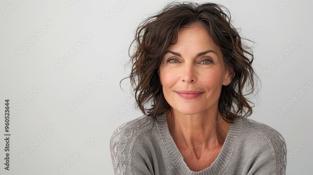 Confident Middle-Aged Woman with Wavy Brown Hair Wearing a Gray Sweater Against a White Background Confident Middle-Aged Woman with Wavy Brown Hair Wearing a Gray Sweater Against a White Background