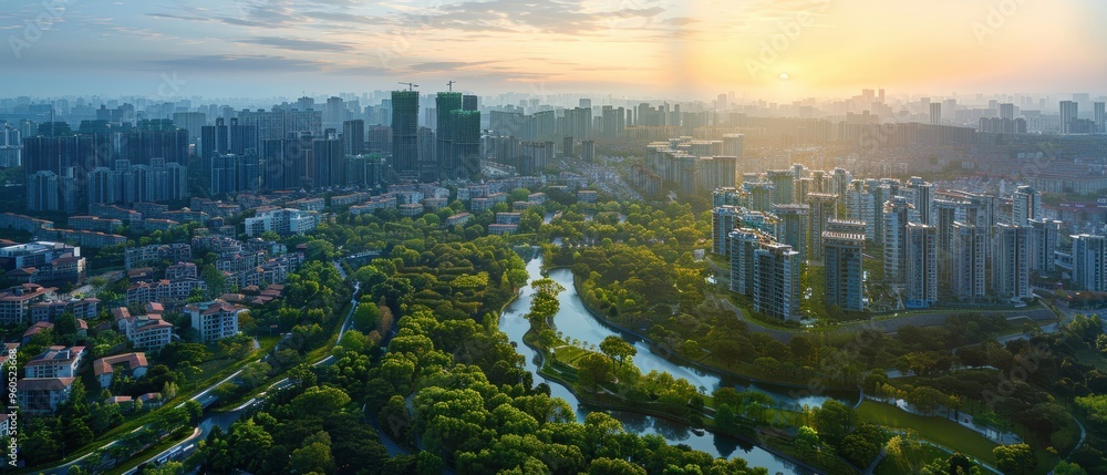 Naklejka premium Urban Oasis: Aerial View of Modern Cityscape Blending Architecture and Green Spaces