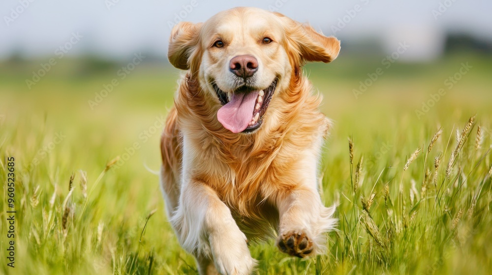 A golden retriever running through a field of tall grass, tongue out, joyfully A golden retriever running through a field of tall grass, tongue out, joyfully