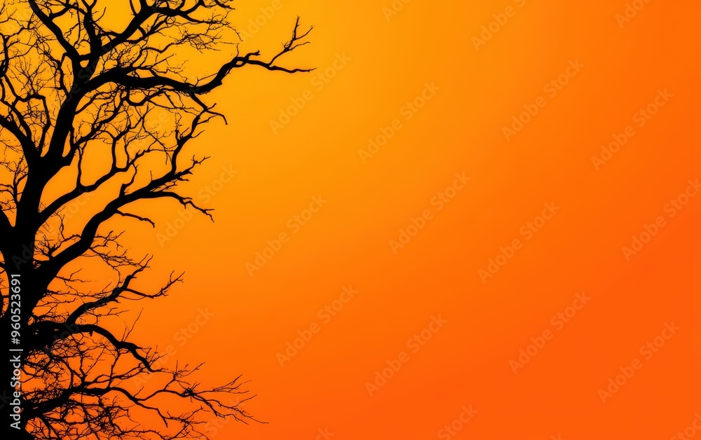 Obraz premium A silhouetted tree against a vibrant orange background, capturing the essence of twilight and nature's serene beauty.