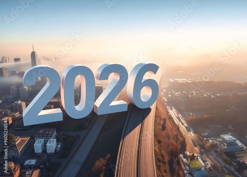 Happy New Year 2026 The number 2026 is located on the highway in the big city in the morning. generative ai