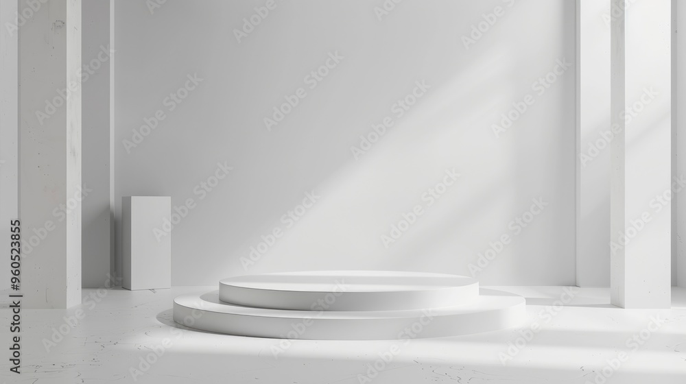 Product presentation in white studio with empty room, podium, and blurred background. Product presentation in white studio with empty room, podium, and blurred background.