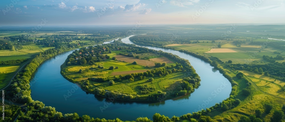 Obraz premium Serene Aerial View of Rural Landscape with Winding River and Patchwork Fields in Quality