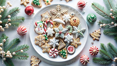 Delicious assortment of decorated Christmas cookies on a plate surrounded by festive decorations