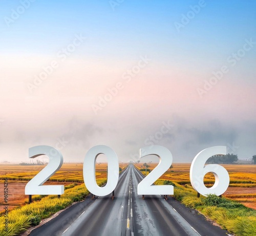Happy New Year 2026 The number 2026 is located on the highway through the wide grassland in the morning. generative ai