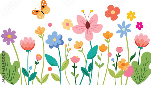Watercolor style beautiful wildflowers, field of flowers with butterflies, seamless border isolated on a clear background, vector illustration.