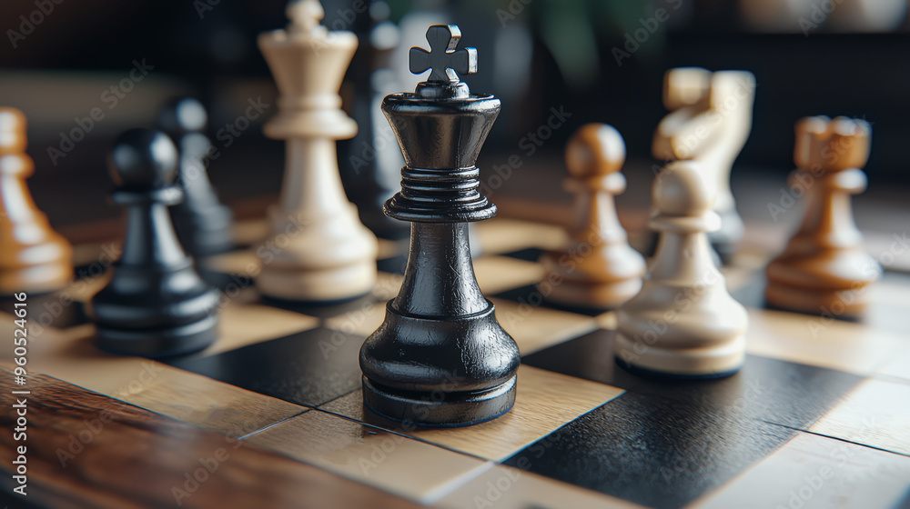A detailed photo of a classic chessboard with pieces arranged mid-game A detailed photo of a classic chessboard with pieces arranged mid-game