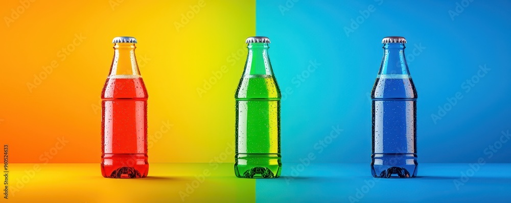 Vibrant soda bottles in red, green, and blue against a colorful backdrop, perfect for refreshing beverage imagery. Vibrant soda bottles in red, green, and blue against a colorful backdrop, perfect for refreshing beverage imagery.