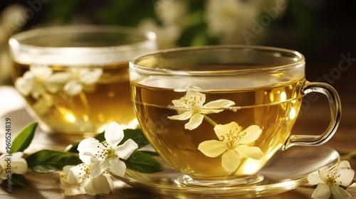 Two elegant glass teacups filled with aromatic jasmine tea, adorned with delicate jasmine flowers, creating a serene and tranquil tea-drinking experience.