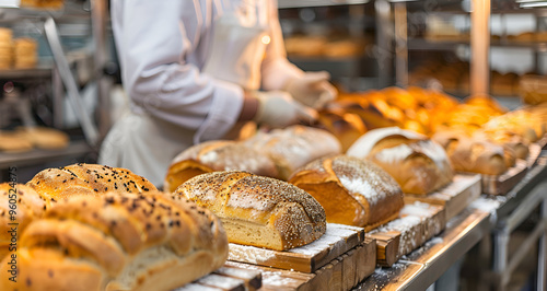 A baker handing baked baguette crafted with care encased in a golden and glass packaging within the cozy ambiance of a traditional French bakery evoking of artisanal craftsmanship, baker, baked bague
 photo