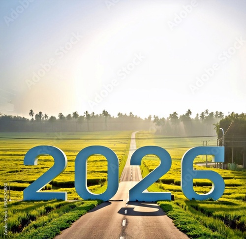 Wallpaper Mural Happy New Year 2026 The number 2026 is located on a highway passing through a tropical grassland in the morning.generative ai Torontodigital.ca