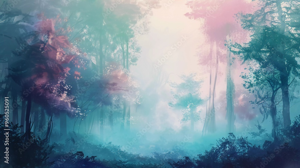 Fototapeta premium foggy magical forest with soft pastel color illustration