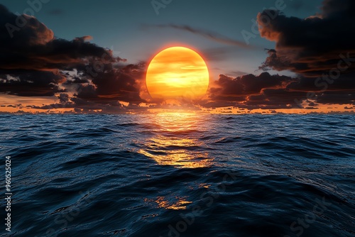 Sunset sky horizon is captured in a realistic photo of the sun dipping below the ocean, with orange and pink hues reflecting off the water, creating a serene atmosphere photo