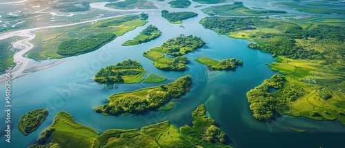 Majestic Aerial View of Lush River Delta with Intricate Waterways and Marshlands - High- Landscape Photography