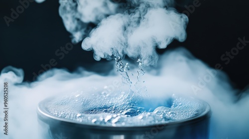 A chemical gas is actively escaping from a vessel, creating dramatic vapor as it interacts with the surrounding cool air in a dim laboratory setting photo