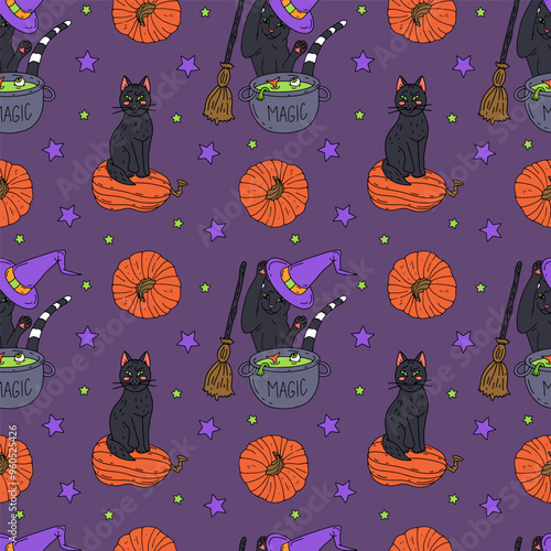 Seamless pattern with cute hand drawn Halloween witchy cats making magic potion in cauldron. Line art spooky repeat background.