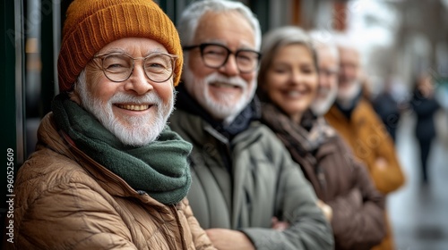 A cheerful group of seniors gathering closely, dressed warmly in winter attire including orange beanies and heavy coats, displaying a scene of contentment, friendship, and warmth outdoors.