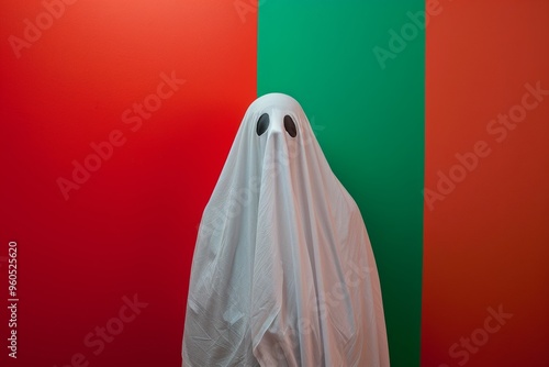 Friendly 3d ghost wears a white sheet and beams with joy as it stands in a wonderful scene, offering a heartwarming contrast against an isolated red green background. photo