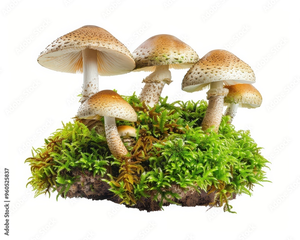Mushrooms Isolated. Fairy Tale Scene with Green Moss and Mushroom in White Background Mushrooms Isolated. Fairy Tale Scene with Green Moss and Mushroom in White Background