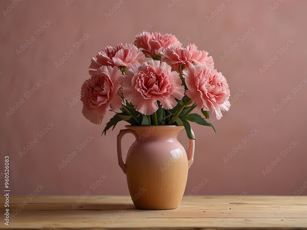 Pink Carnations in a Vase on Wooden Table with Pink Background Pink Carnations in a Vase on Wooden Table with Pink Background