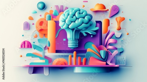 A surreal and abstract visual of a brain surrounded by various colorful and vibrant elements, symbolizing creativity, innovation, and complex thought processes in a digital environment. photo