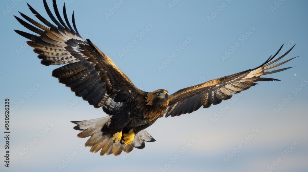 Obraz premium eagle soars gracefully over a snow-capped mountain range, showcasing its powerful wings and keen eyesight.