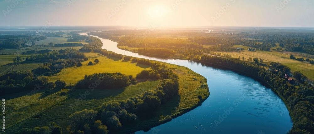 Serene Rural Charm: Aerial View of Scenic Landscape with River, Fields, and Villages in Clarity Serene Rural Charm: Aerial View of Scenic Landscape with River, Fields, and Villages in Clarity