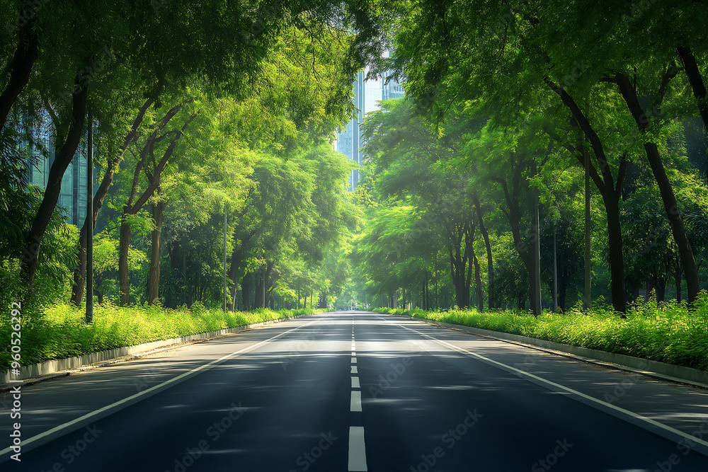 Obraz premium Empty road through lush green trees, peaceful urban street, nature in the city, scenic roadway, green environment, cityscape view, sustainable development, eco-friendly infrastructure