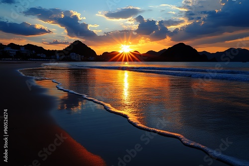 Sunset sky with a dreamy atmosphere is highlighted in a realistic photo of a beach at dusk, where the soft light and warm colors create a sense of calm and wonder photo