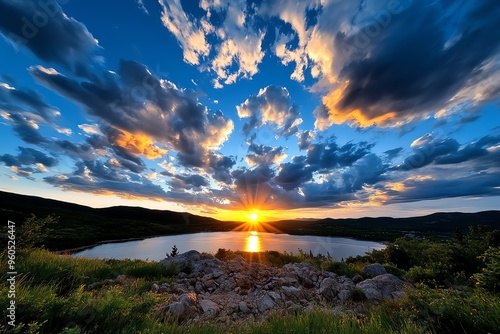 Sunset sky with clouds is depicted in a realistic photo of a sky filled with dramatic clouds, where the light of the setting sun casts a warm glow across the landscape photo