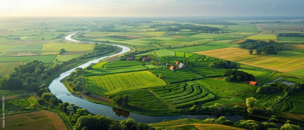 Fototapeta premium Serene Aerial View of Vast Farmland with Patchwork Fields, Farmhouses, and Winding River in High- - Rural Landscape Photography