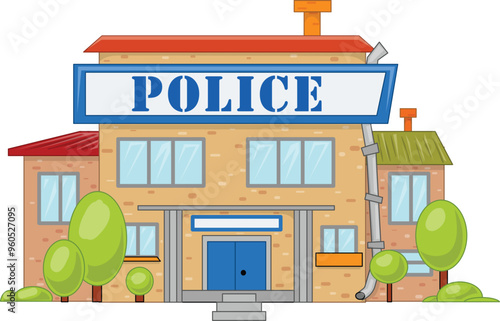 Colorful cartoon police station building with a blue sign, suitable for concepts such as law enforcement, security, and justice