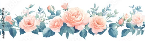 Delicate pink roses arranged elegantly with lush green leaves, perfect for weddings, invitations, or floral designs.