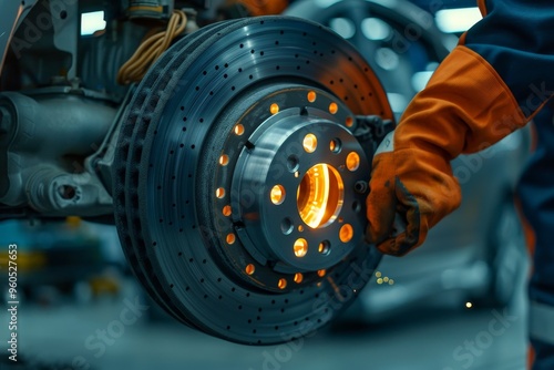 Automotive technician performing routine brake replacement on a vehicle for maintenance purposes