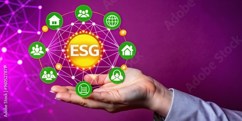 ESG Environmental, Social, and Governance Concept with ECO Friendly, Net Zero, and Carbon Neutral Icons on Purple Background