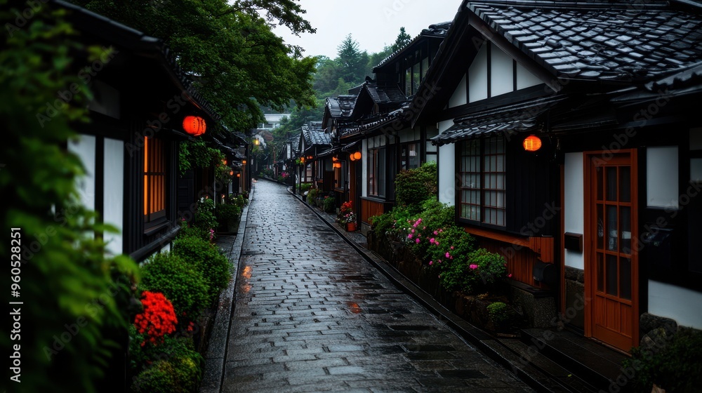 Quaint village street lined with traditional houses, illuminated by lanterns, enveloped in a serene, rainy atmosphere. Quaint village street lined with traditional houses, illuminated by lanterns, enveloped in a serene, rainy atmosphere.