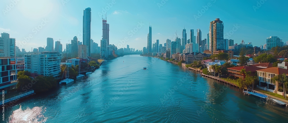 Obraz premium Majestic Urban Landscape: Stunning Aerial View of Vibrant City Skyline with Skyscrapers and Riverfront in Detail