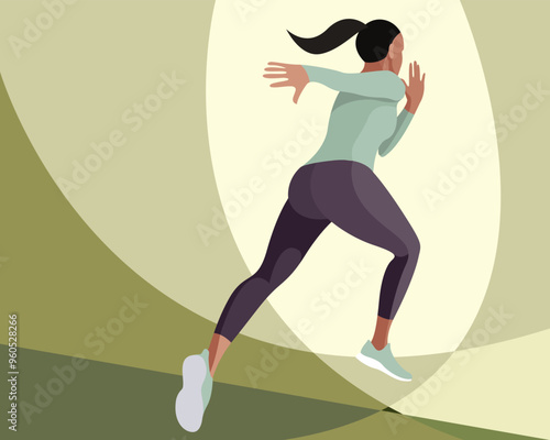 vector poster slim girl in sportswear (shorts and sports bra) runs. running view from below. angle from below. view from below. isolated on abstract background. woman runs. morning jog. jogging.