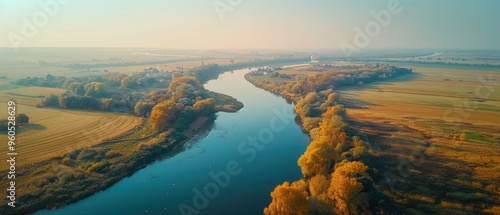 Serene Aerial View of Scenic Rural Landscape with River, Fields, and Villages in 8K UHD Clarity