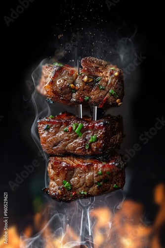 Fork with pieces of delicious barbecued meat on black background